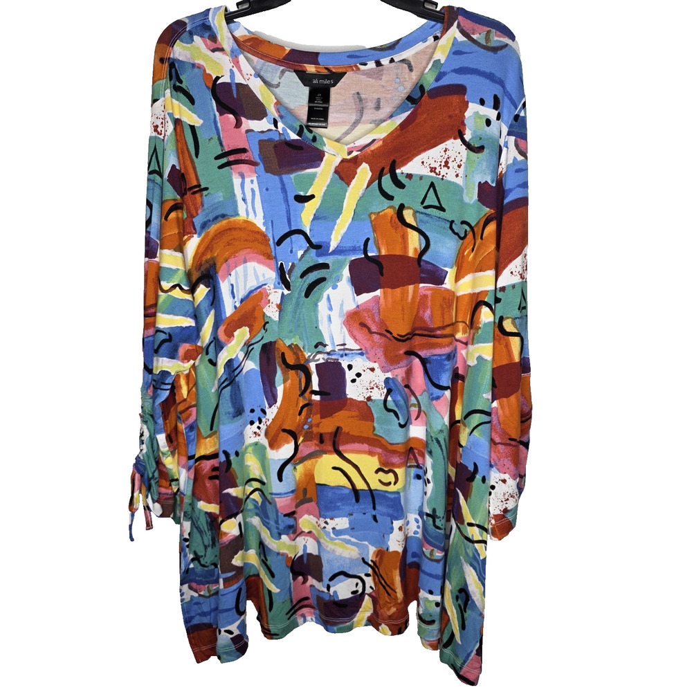Ali Miles Womens 2X Multicolor Paint Stroke Tunic Top Drawstring Sleeve Artsy